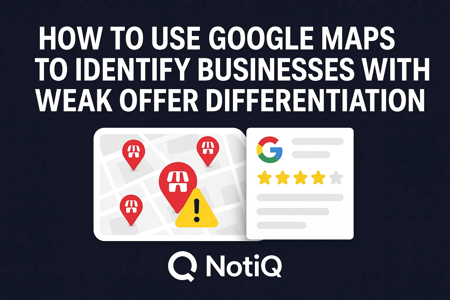 A screenshot of Google Maps highlighting businesses with weak offers and generic reviews for targeted outreach strategies.