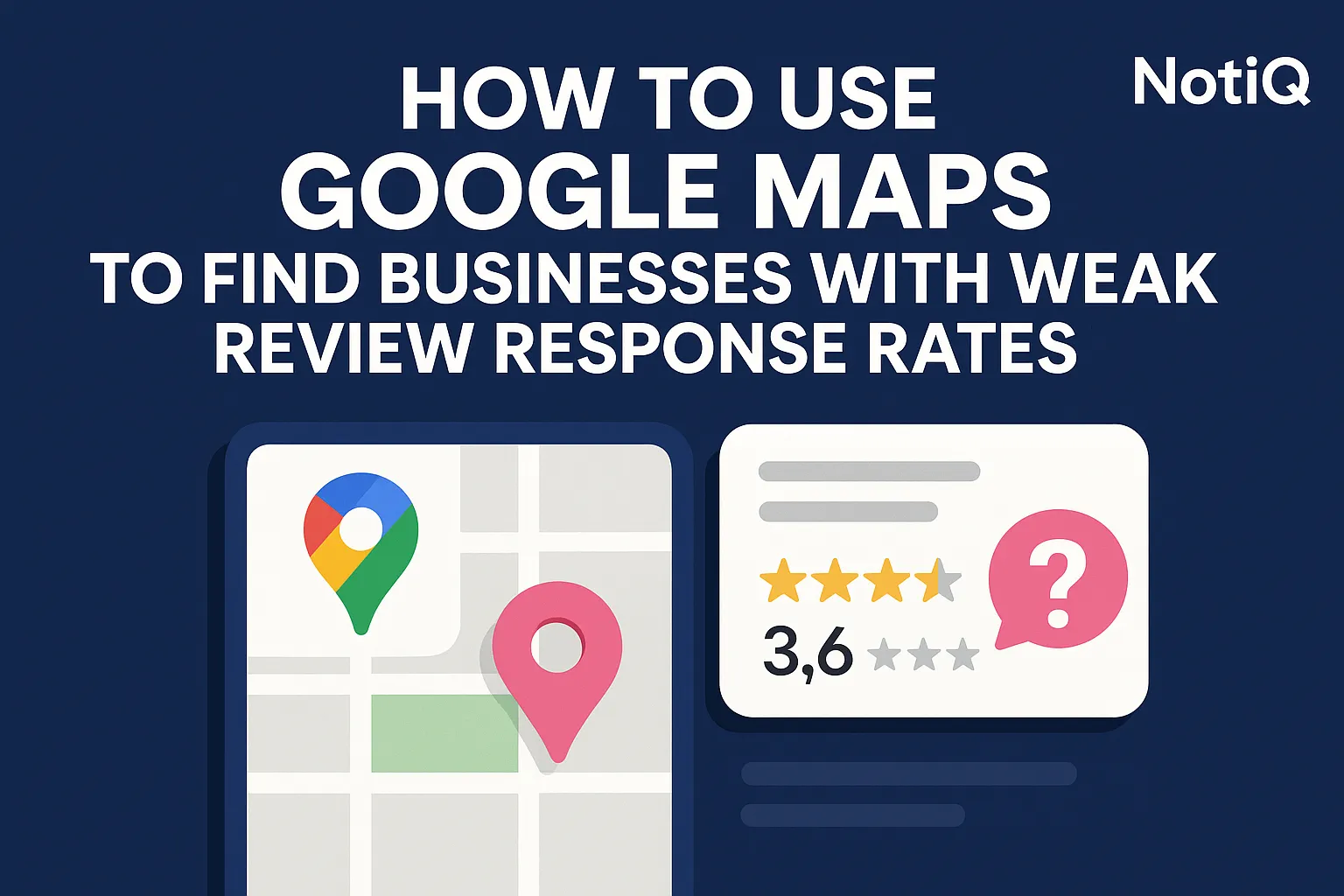A computer screen displaying Google Maps, highlighting businesses with low review response rates for outreach analysis.