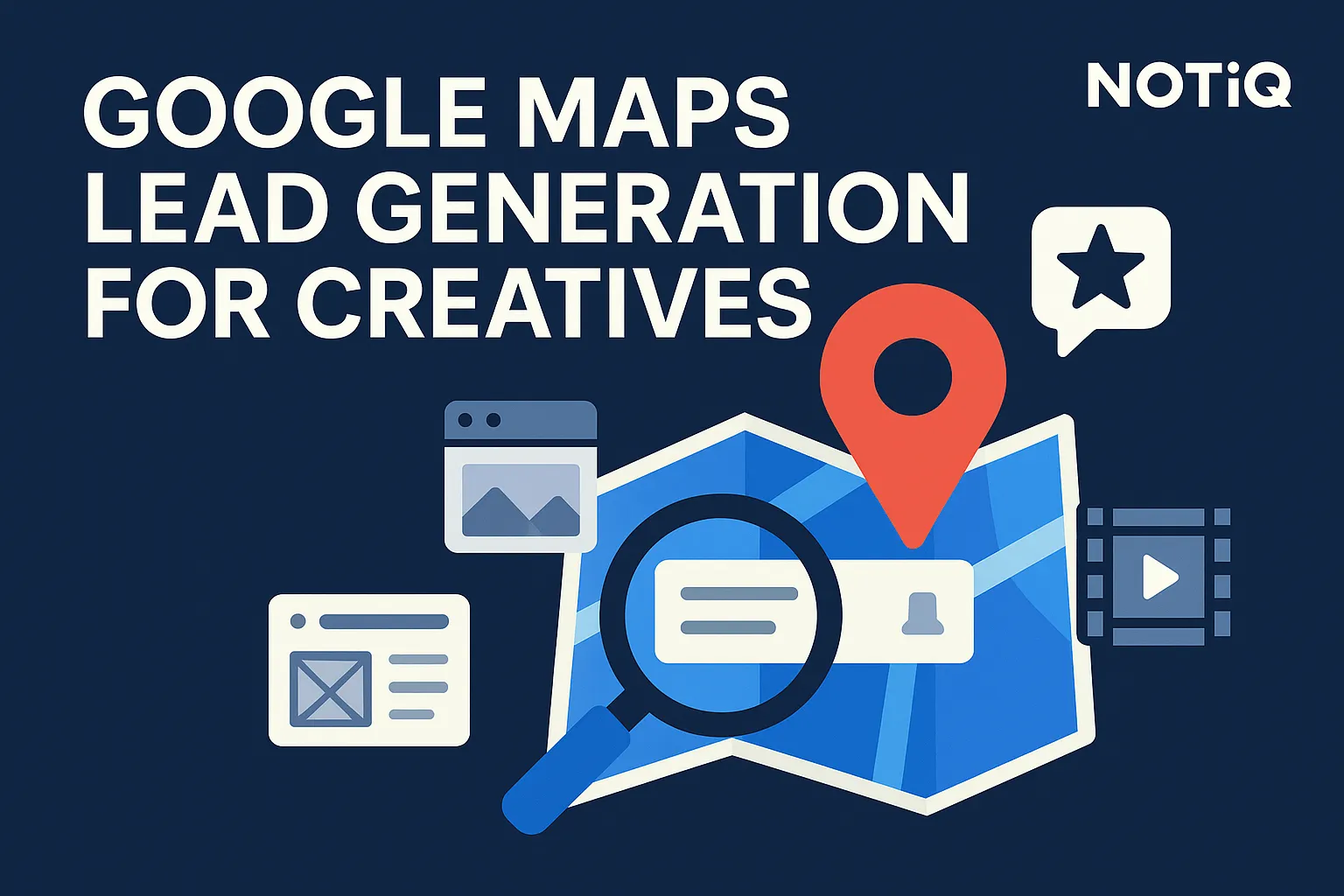 A vibrant graphic showing a designer searching for local businesses on Google Maps, symbolizing creative outreach strategies.