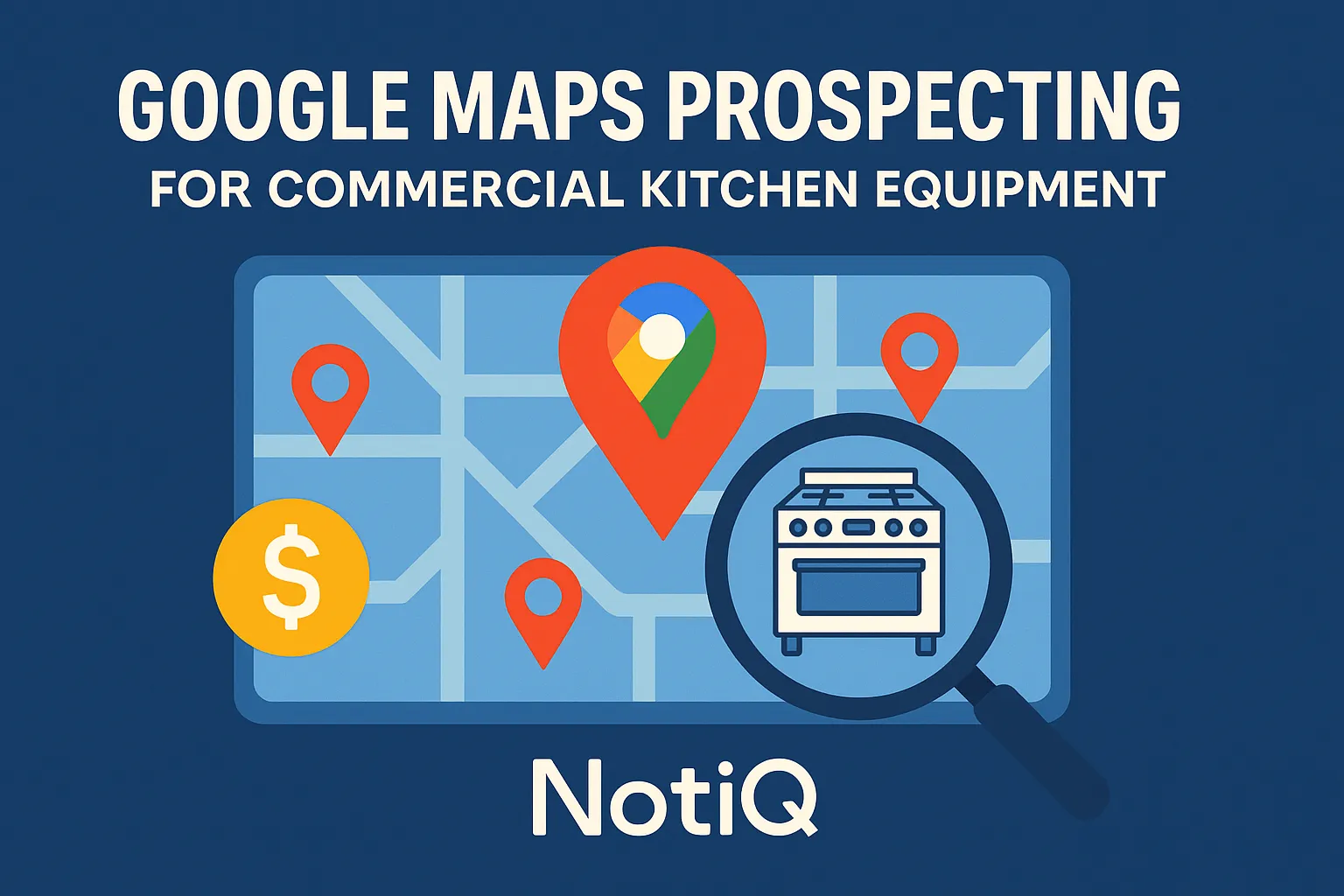 A screenshot of Google Maps showing various commercial kitchen equipment suppliers marked for prospecting.